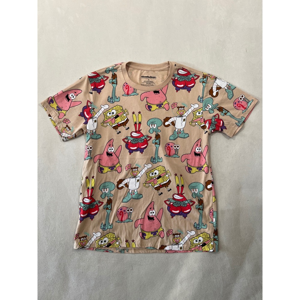 Nickelodeon SpongeBob SquarePants All Over Print T-Shirt Tan Mens Small